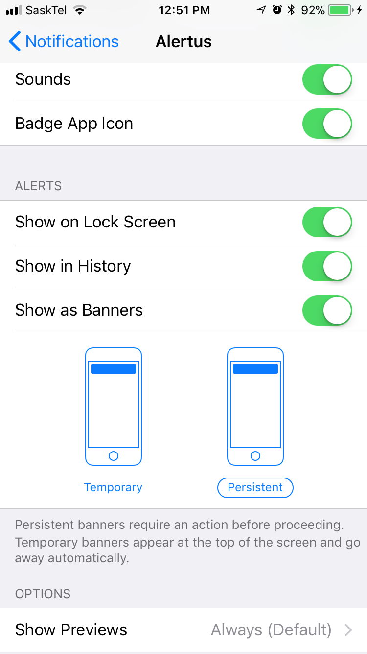 Iphone app settings, showing how to access the persistent banners option