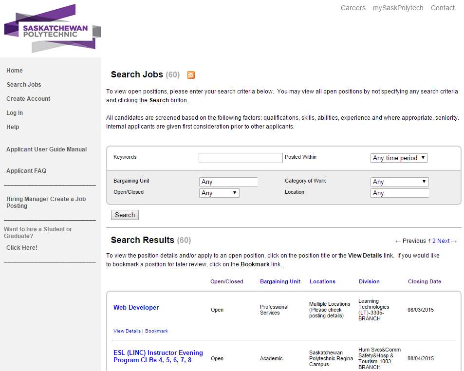 Screenshot of search results page from Careers page