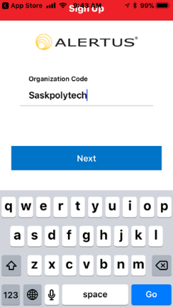 Organization code page from Alertus app