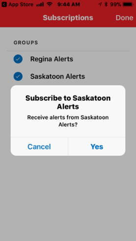 Alertus confirmation screen to receive alerts from Saskatoon