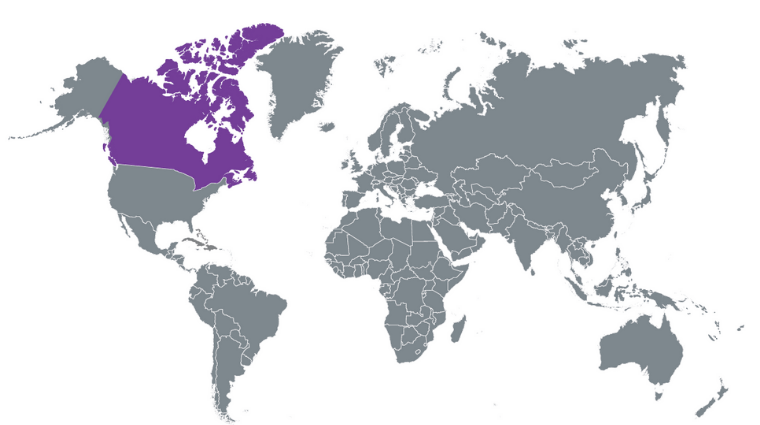 Map of the world with the Canada portion highlighted in purple to show where Canada is in relation to the rest of the world