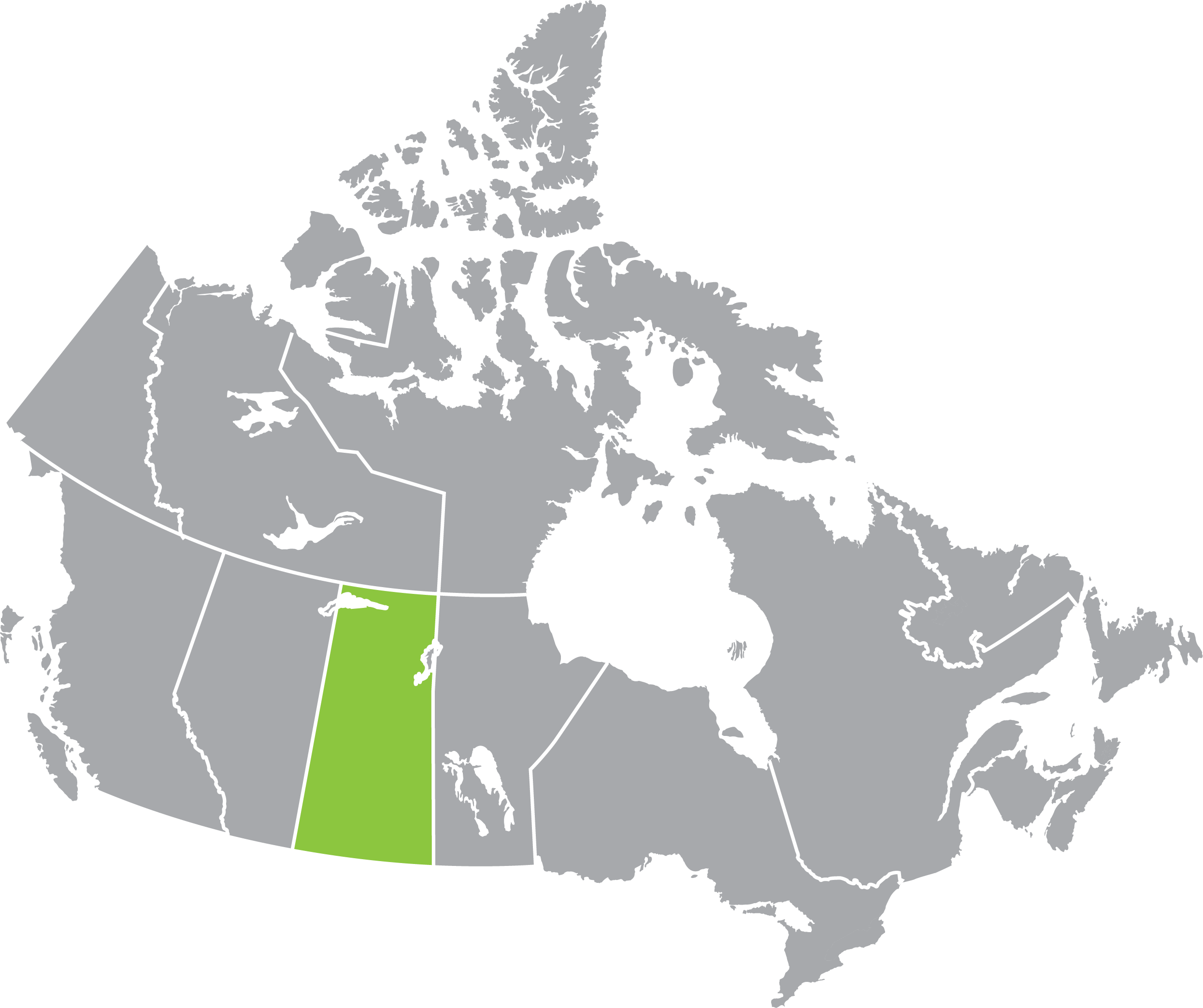 Map of Canada where Saskatchewan is highlighted in green to show it is located in the west part of the country