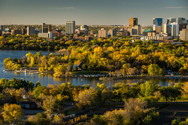 Regina cityscape in the fall with trees and scyscrapers in the background