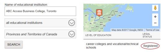 The Directory of Educational Institutions in Canada page, where you can identify an institution's legal status by entering their name.