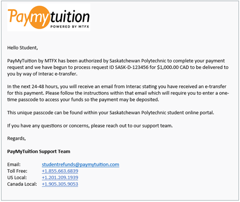 PayMyTution email with instructions on how to receive the refund for international students.