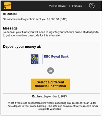 Interac page, showing a yellow button that says "Select a different financial institution".