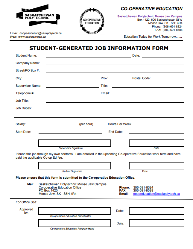 Appendix 10, student-generated job information form