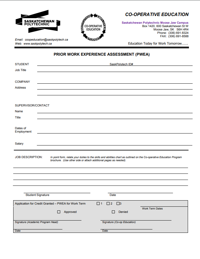 Appendix 2, prior work experience assessment form that includes the name, contact and address of the company, dates of employment, detailed job description, and salary.