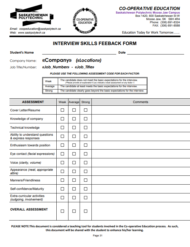 Appendix 5, interview skills feedback form.