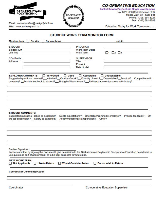 Appendix 6, student work term monitor form