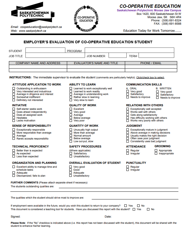 Appendix 7, employer's evaluation of co-operative education student form