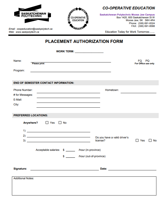 Appendix 9, placement authorization form