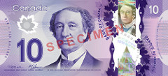 A Canadian purple $10 bill, featuring a portrait of Sir John A. Macdonald, Canada's first prime minister, and includes various security features, as well as images and symbols representing Canada's history and culture.