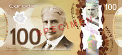 A Canadian yellow $100 bill, featuring a portrait of Sir Robert Borden, Canada's eighth prime minister, and includes various security features, as well as illustrations highlighting Canada's contributions to medical research, such as the discovery of insulin.