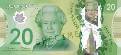 A Canadian green $20 bill, featuring a portrait of Queen Elizabeth II, various security elements, and vibrant depictions of Canadian landscapes, including the renowned Vimy Ridge and the Canadian National Vimy Memorial.