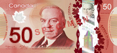 A Canadian red $50 bill, featuring a portrait of William Lyon Mackenzie King, Canada's 10th prime minister, along with various security features and images representing Canadian achievements and innovations.