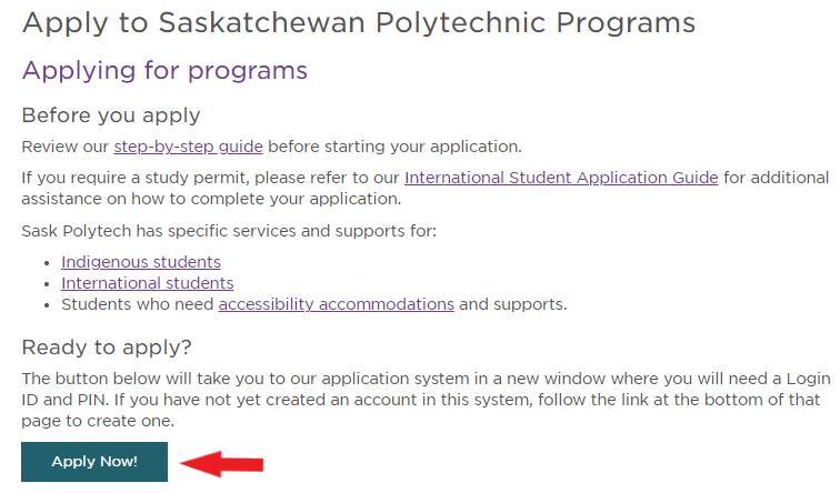 The Apply to Sask Polytech Programs page, highlighting the "Apply Now" button at the bottom of the page.