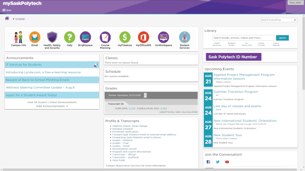 mySaskpolytech student landing page, which includes a button to access Brightspace 