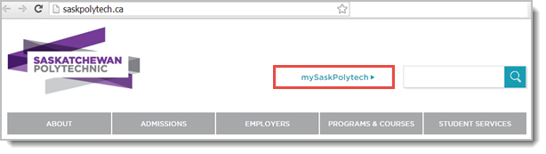 Saskpolytech's homepage, highlighting button to access mySaskPolytech