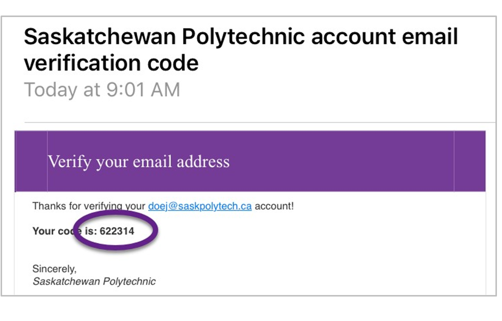 Screenshot of account email verification code
