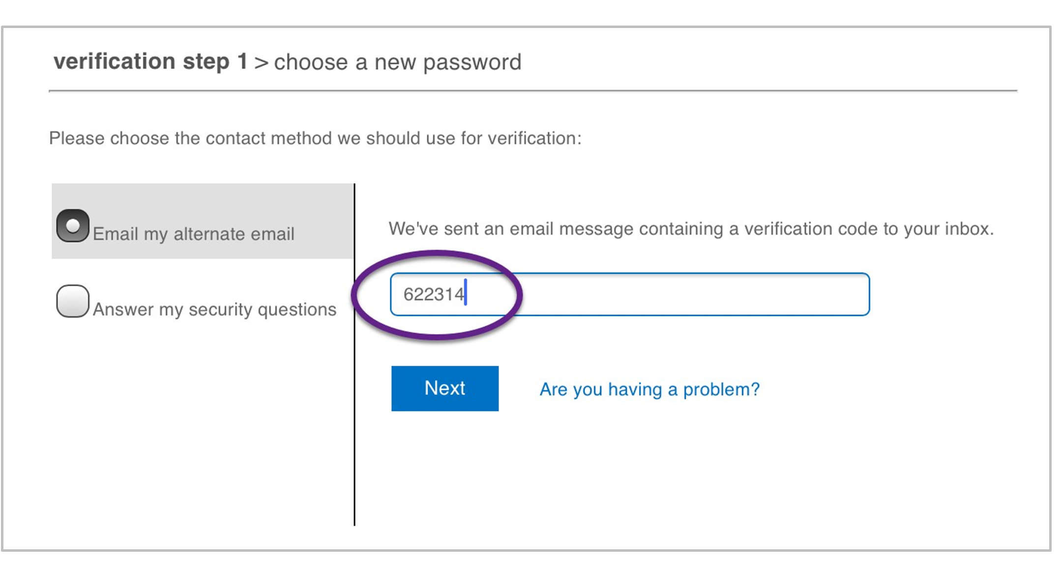 Screenshot of verification step 1 with a verification code to use in your email