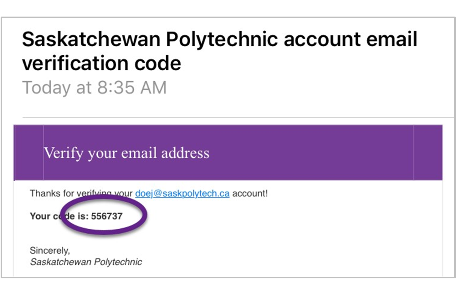 Screenshot of account email verification screen code