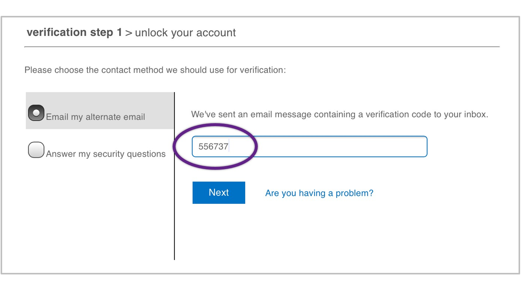 Screenshot of verification step 1 verification code for email