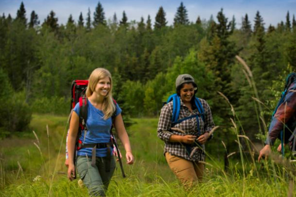 Group of people wearing backpacks hiking through a field during the day in summer