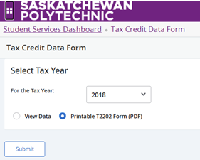Saskatchewan Polytechnic tax credit data form page with a tax year dropdown set to 2018 and a submit button.