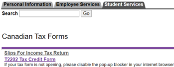 Student Services page within Tax Credit Form and the second link is T2202 Tax Credit Form.