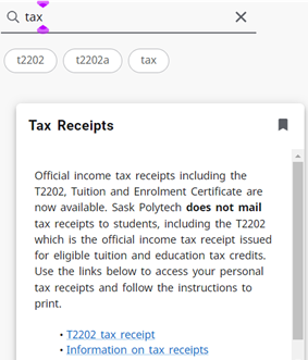 Tax reciepts card with a T2202 tax receipt link and then an information on tax recipts link