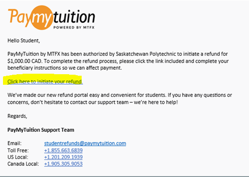 Email example from paymytuition with a highlighted click this ink to initiate payment process