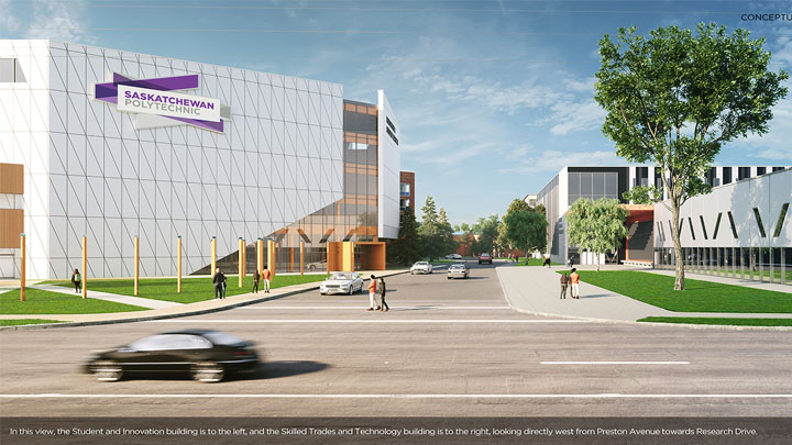 Conceptual Rendering: in this view, the Student and Innovation building is to the left, and the Skilled Trades and Technology building is to the right, looking directly west from Preston Avenue towards Research Drive.