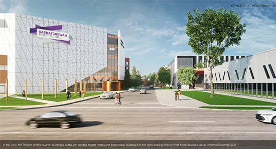 Conceptual Rendering: in this view, the Student and Innovation building is to the left, and the Skilled Trades and Technology building is to the right, looking directly west from Preston Avenue towards Research Drive.