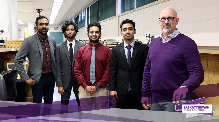Pictured from left to right are Instrumentation Engineering Technology program instructor Babith Varghese; students Jerin Mathai, Clint Roby and Jessal Biju; and program head Mike Hillsdon. 