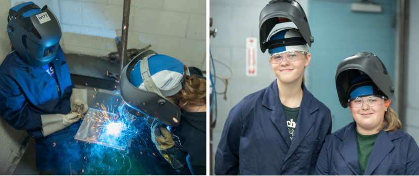 Two girls welding in a shop at GETT camp