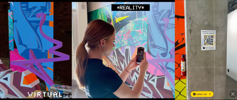 girl scanning a mural QR code