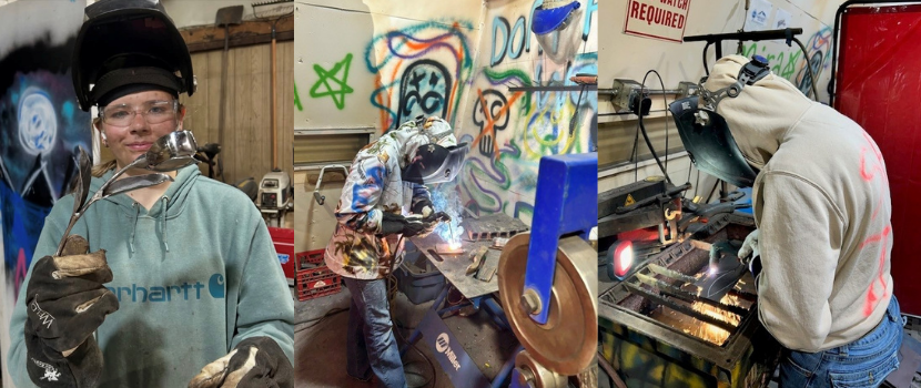 Sarah welding in a shop