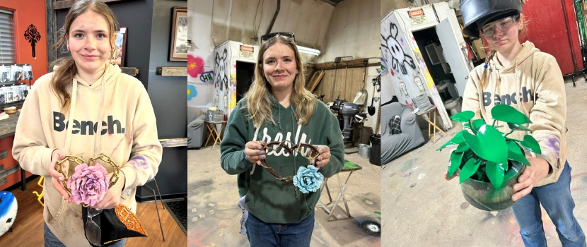 Sarah with welding art projects