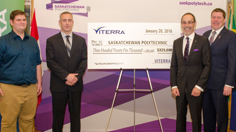 From left to right: Teagan Gyorfi, student Telecommunications Networking Technician program; Jeff Cockwill, director, Corporate Affairs: Dr. Larry Rosia, president & CEO, Saskatchewan Polytechnic; Scott Moe, minister of Advanced Education. Image credit: Saskatchewan Polytechnic