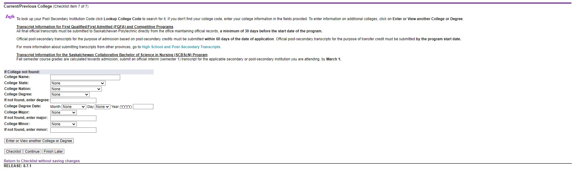 The "Previous College" section of the application checklist.