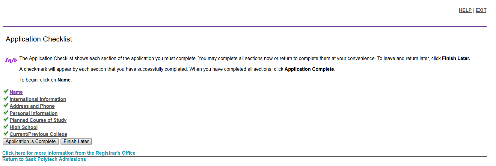 The "Application Checklist" page, showing all sections with a green checkmark