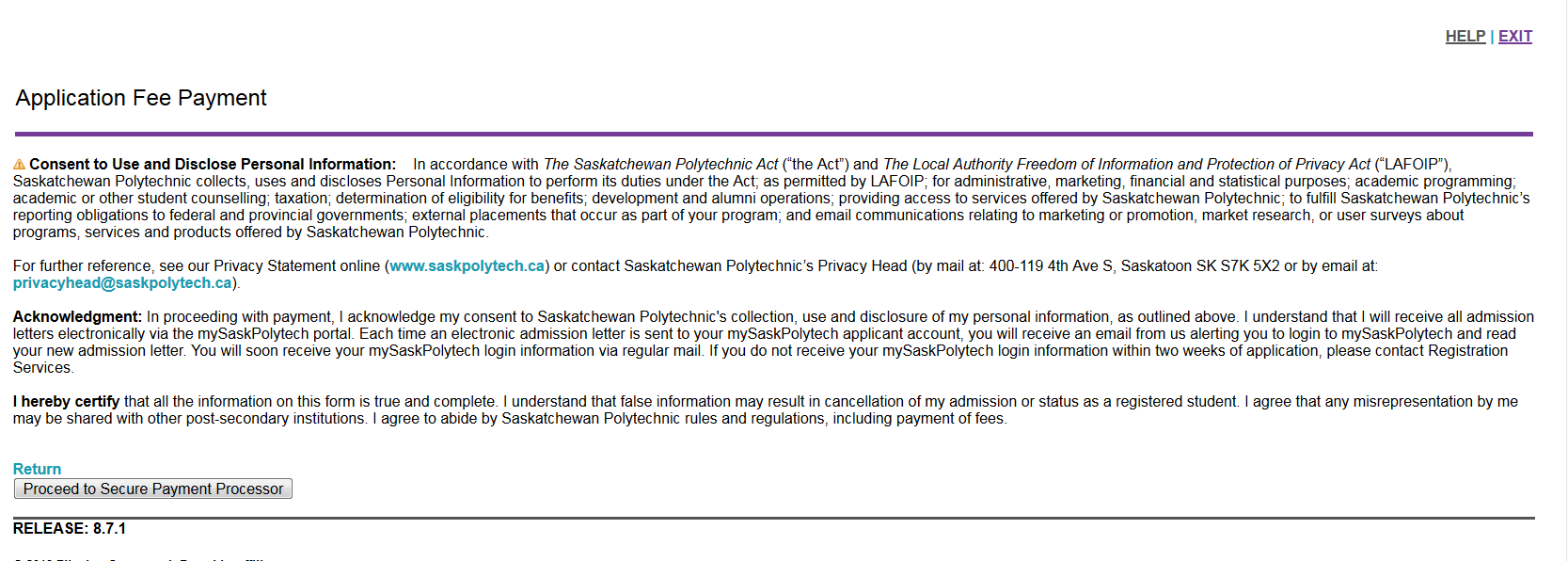 Fee payment disclaimer page.