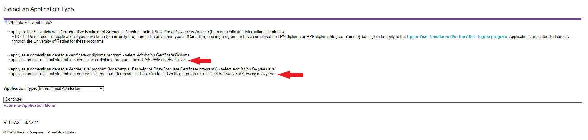 The online application page, displaying the "Select an application type" section, highlighting how to apply as an international student