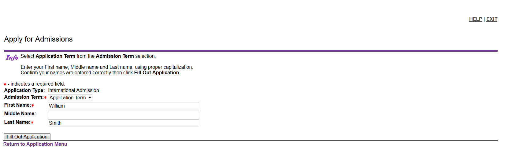 The "Apply for Admissions" page, that includes fields such as admission term, first name, middle name, and last name
