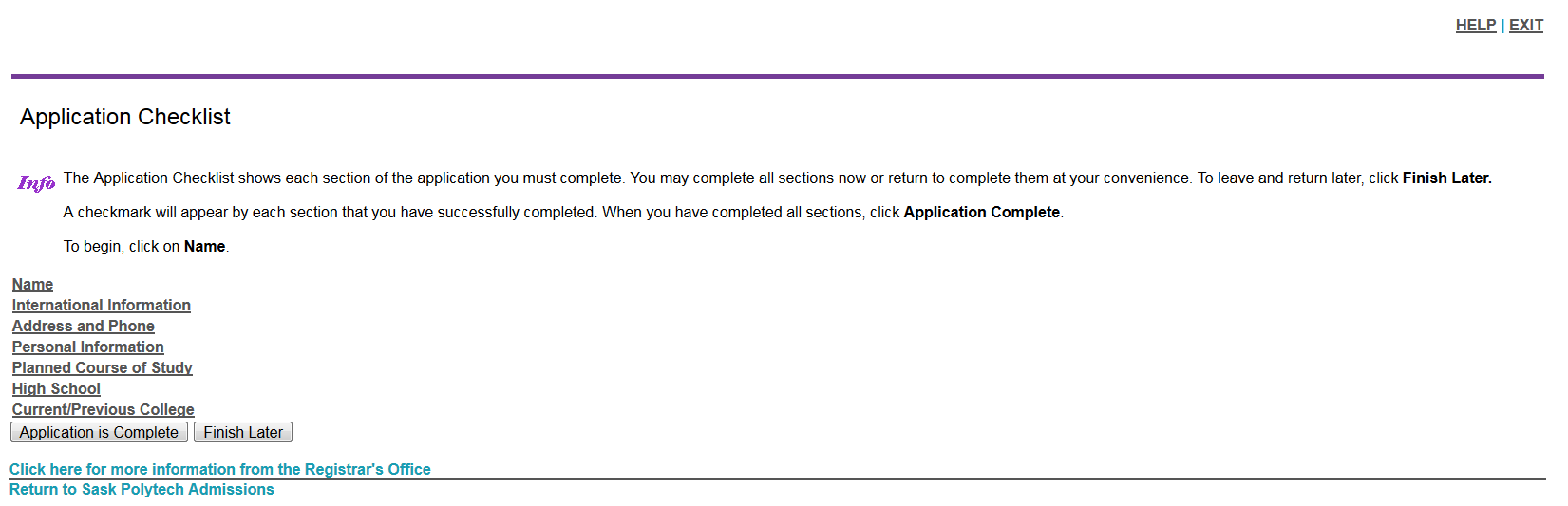 Application checklist page, displaying a quick way to review and edit each section of the application