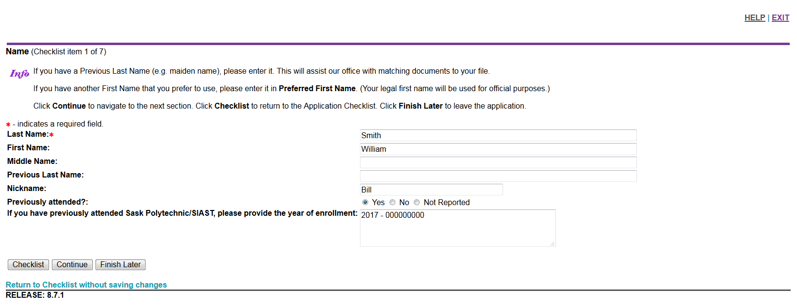 The "Name" section of the application checklist.