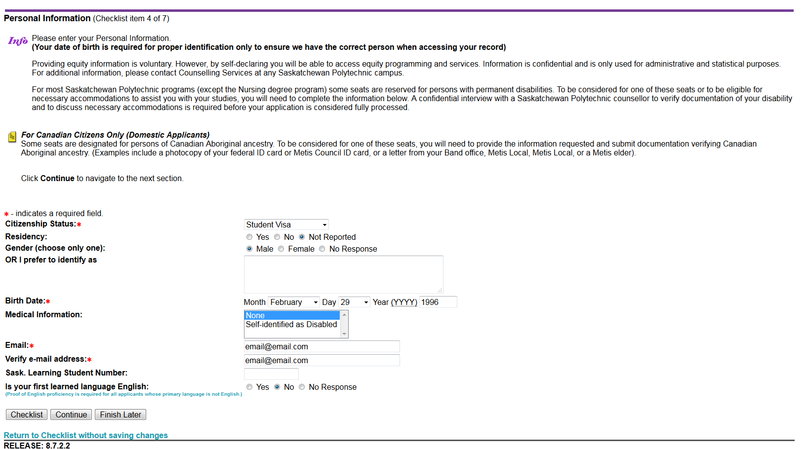 The "Personal Information" section of the application checklist.