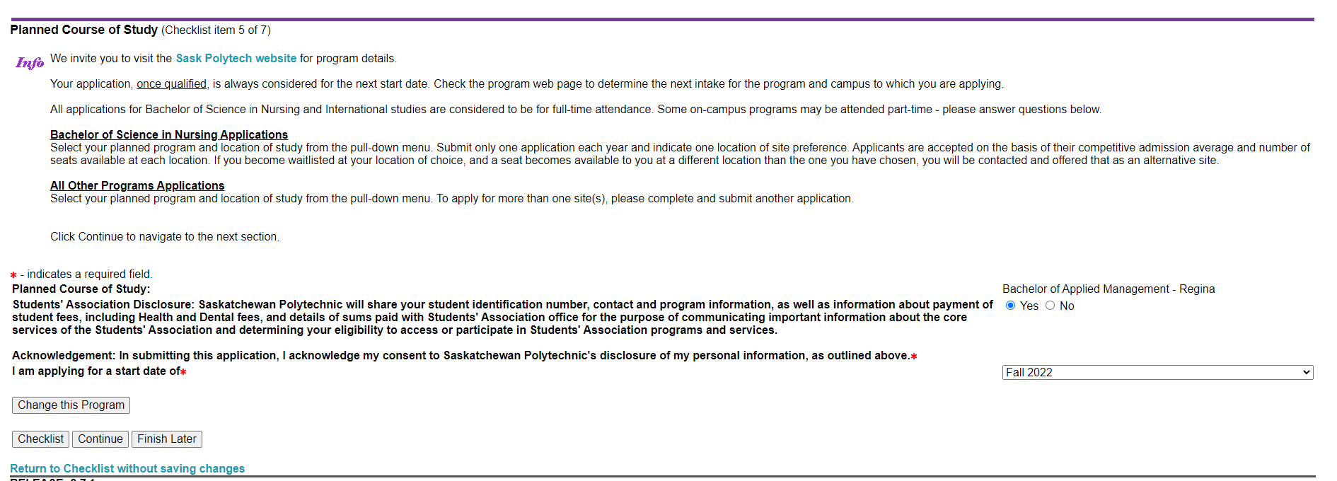 The "Planned course of study" section of the application checklist.