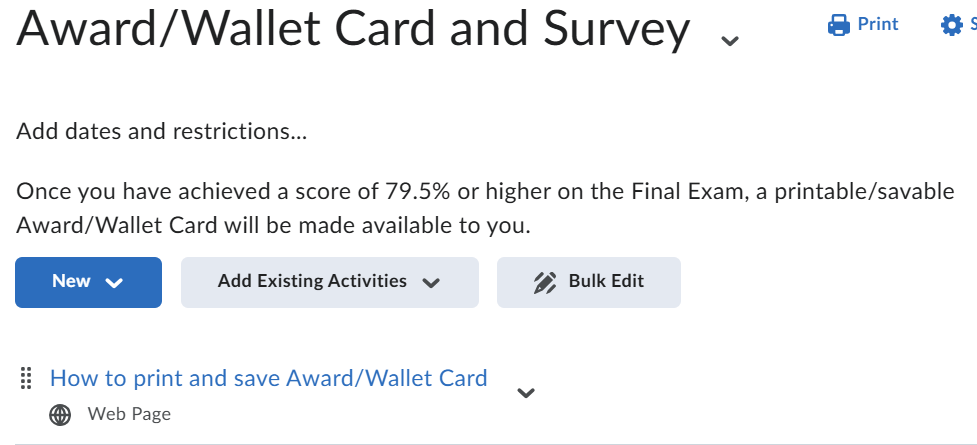 Message that says once you pass the final exam, you'll have access to print or save a wallet card with a dropdown titled "How to print and save award/wallet card"